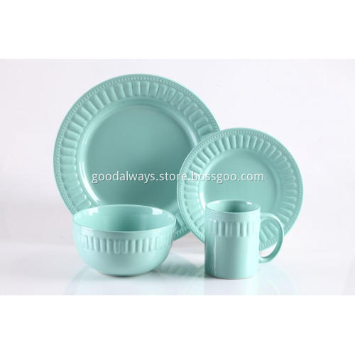 16 Pieces Embossed Stoneware Dinnerware Set Blue